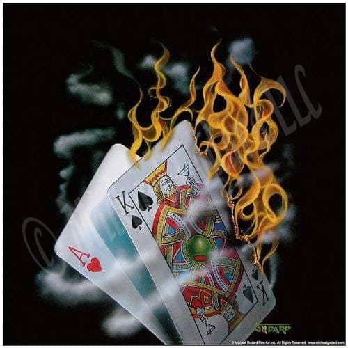 This is a 12 x 12" framed print on a black background. This image depicts the hand of cards on fire. The King is holding up a martini as if toasting the winning hand.  There is nothing more enjoyable than playing blackjack with a hot hand.