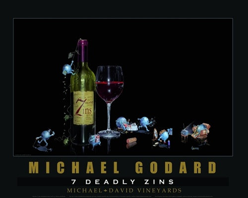 Black Poster - image of seven grapes acting out the seven sins, taking place around a glass of red wine and a bottle of Seven Deadly Zins wine. 