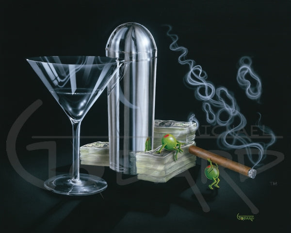 Black background canvas. This original painting features a martini glass, silver martini shaker, and two olives enjoying a cigar on top of a stack of $100 bills. Wispy smoke from the cigar forms a dollar sign. 