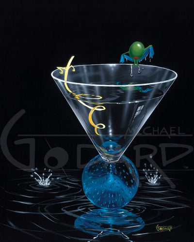 Black background on canvas depicting a green olive wrapping a blue towel around herself after taking a dip inside the martini glass. The yellow straw is twisted and leaning back against the glass. The blue, round bottomed martini glass is sitting on a thin layer of vodka.