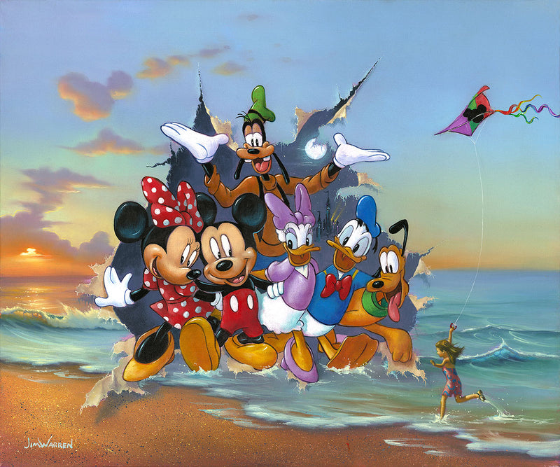 painting by jim Warren of disney characters breaking through the canvas with a sunset on the ocean in the background and a little girl flying a kite on the sandy beach in foreground