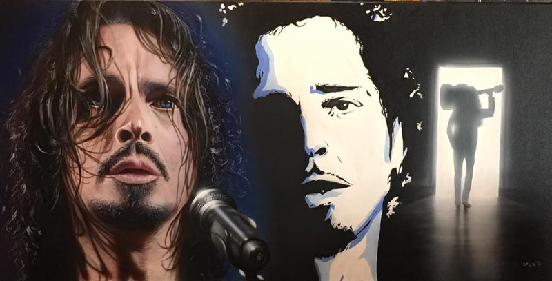 A blurred three-panel painting shows a realistic image of Chris Cornell on the left, with a blue aura and a microphone in front of him. In the middle is a black and white line sketch of Cornell, only showing the right side of his face. On the right is a full body shot of Cornell walking away, towards a lit doorway in an otherwise dark background, with a guitar resting on his shoulder.