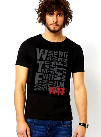 Black tee shirt with the letters "WTF" in red at the bottom right. Behind the red letters are the same "WTF" all in gray. 