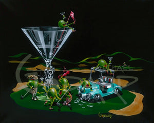 Canvas Print. A martini glass with "19th Hole" on the stem sits on the green of a golf course. A light teal golf cart next to the glass has two olives hanging out on top of it. Four olives, two female, two male drink their martinis and wave their golf clubs around, while a female olive sits on top of the glass holding the red flag.