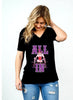 Black fitted tee shirt with "ALL IN" in purple text outlined in white. Blonde woman in center with spread and chips falling downward. Rated Adult