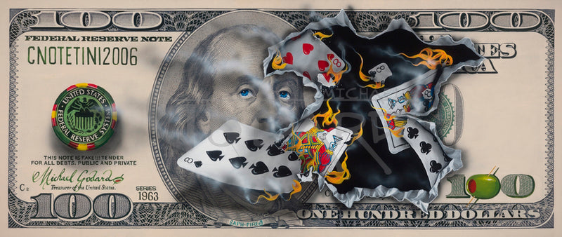 Canvas Print. A $100 bill featuring American founding father Benjamin Franklin. A money chip on the left says "US Federal Reserve System". Five cards show a Full house with three 8's and two Jacks. A green olive replaces the first zero in $100 bottom right. Top left, "CNOTETINI2006".