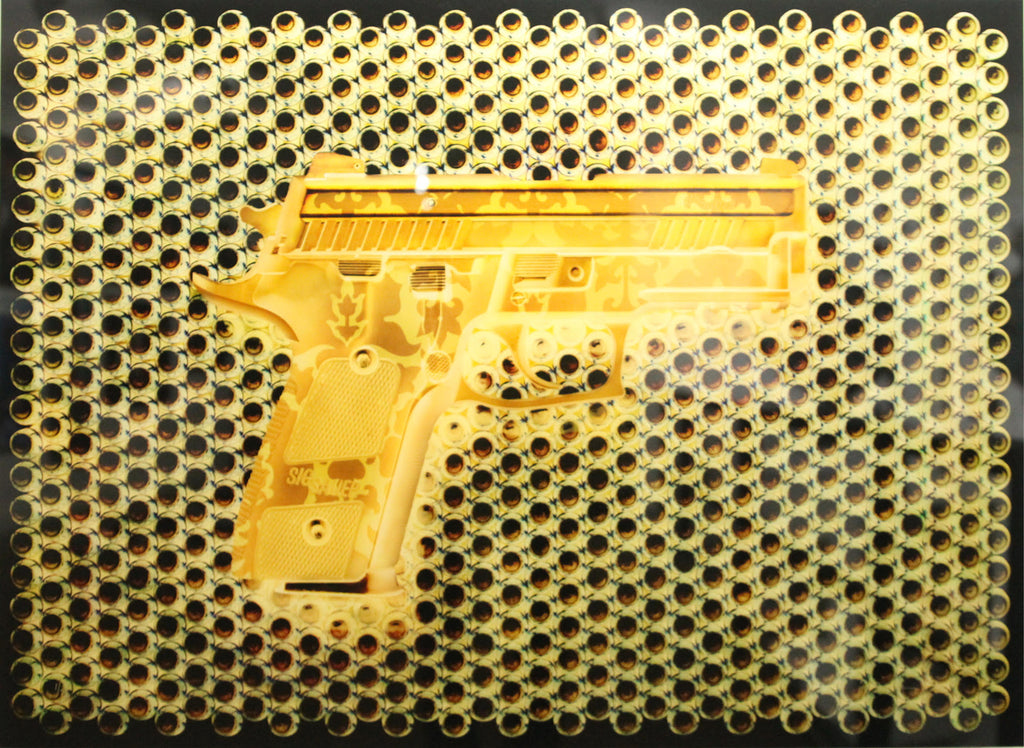 24K Sig Sauer - Gold almost "x-ray" image of a gun with background in gold and black "bullets"