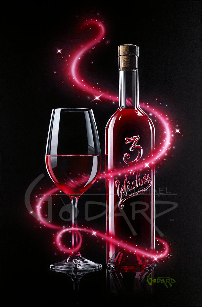 Black canvas. A beautiful pink, magenta sparkles around a wine glass half full of rose colored wine. It sits next to a bottle of wine adorned with "3 Wishes". 