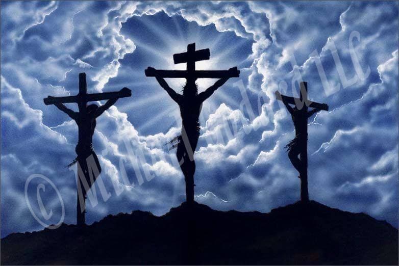 This painting depicts Jesus on the cross, positioned in three different angles. Blue and white clouds outline the middle cross with the son shining from behind it. Very spiritual painting. 