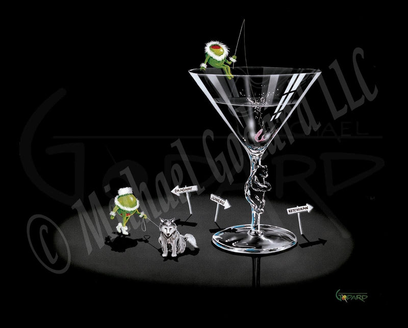 Black background canvas. A martini glass with a bear on the stem made of "ice" sits with an olive adorned in white fur atop the glass "fishing" for his salmon that's inside the glass. A female olive walks her wolf dog on a leash. Three arrow signs reading Skagway, Juneau, and Ketchikan surround the glass. 