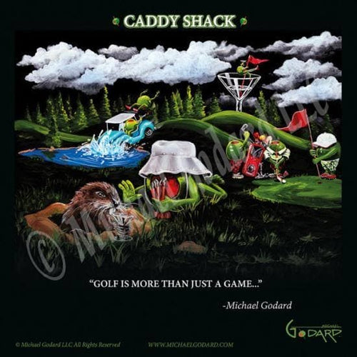 Black background framed poster print, depicting the movie Caddy Shack with a green olive golfer and a gopher in the grass while a blue golf cart crashes into the water with two olives. Three green olive golfers are on the green playing and a female olive holds the red flag as she parties on the rim of a martini glass. While clouds and tall green pine trees line the skyline. "Golf is more than just a game"