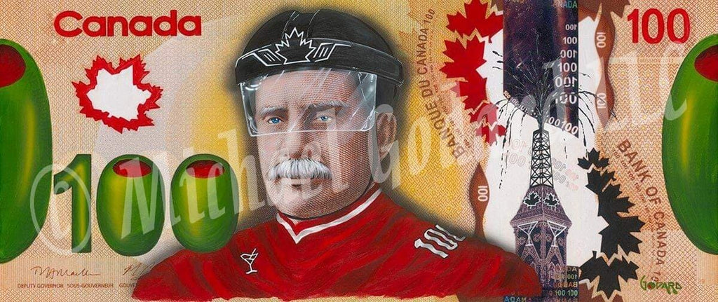 Canvas Print. The word "Canada" is at the top of this Canadian $100 bill. "Bank of Canada". A light skinned man with a white mustache wearing a black hat with the silhouette of a maple leaf. Olives replace the two zero's in "100".