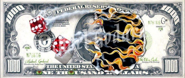 Canvas Print. A $1,000 bill with two red dice, one showing a six, the other a five. Flames are consuming the image of American politician Grover Cleveland. Olives replace the "O's" in "One Thousand".