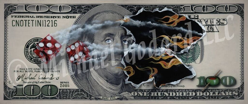 Canvas Print. A $100 bill featuring American founding father Benjamin Franklin. Two red dice, one showing a five and the other a six. Fire burning through the center of the bill where the dice came through. A green olive replaces the first zero in $100 bottom right. Top left, "CNOTETINI2006"