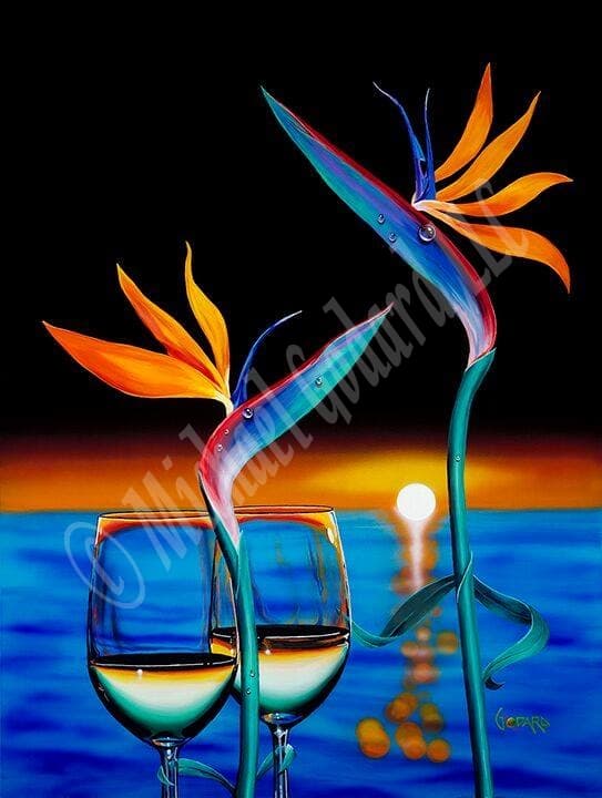 Black top background with blue water and the orange sun setting on the lower half of the canvas. Two half filled white wine glasses and two birds of paradise flowers. The flowers are adorned with a teal, blue and pink "head" and orange "hair". The stems and "arms" are green.