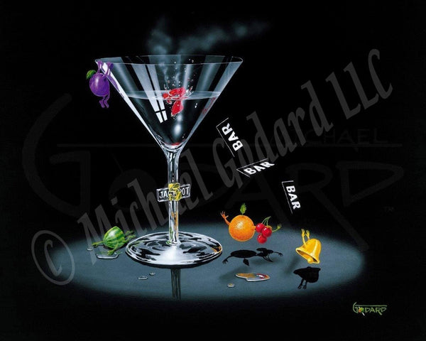 Black background canvas featuring a martini glass with the word "jackpot" in the stem of the glass. This piece is depicting the fruit inside the slot machines on their days off. There is a gold bell, an orange, and three red cherries reaching up for the falling "Bars." A watermelon seems to have been cut in half and laying in a puddle of vodka. A purple grape hangs on the side of the glass. A red number 7 floats inside the glass.