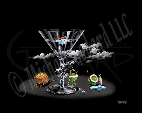 Black background canvas. A martini glass with an eagle on the stem made of "ice" sits with a beaver sitting atop a smalllice burg inside the glass. A male olive is chipping away at the ice eagle. Another male olive is ice fishing, holding a pink salmon and a spear. A gold filled mine cart is nearby. And two olive angels float in the clouds.