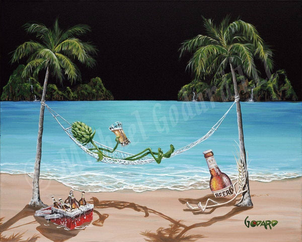 Black background canvas featuring "hops" relaxing on a hammock between two palm trees. He's hanging with his friend "wheat"  while they chill with a red ice chest filled with beer. The ocean waves are gently lapping at the beach.
