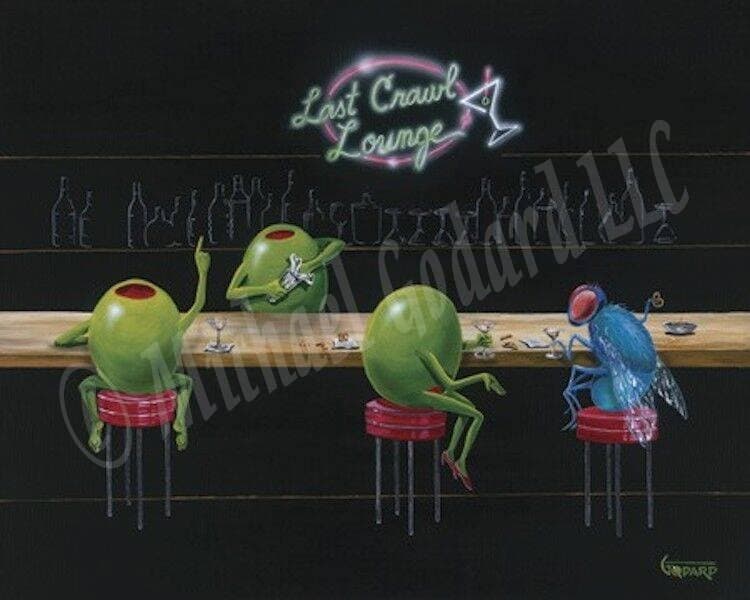 Black background canvas depicting two green olives and a blue fly sitting at a bar. One male olive ordering another drink from the male bartender and a female olive chatting with a fly. They are all drinking martinis. The sign on the wall says "Last Crawl Lounge" in neon. They are sitting on red bar stools. 