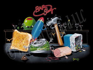 Black background canvas featuring seven words for getting drunk. Toasted is a piece of toast with arms. Bombed is a blue and red bomb. Smashed is a green tin can that is crushed. Hammered is a spinning hammer holding a glass. Corked is a cork passed out holding a glass of red wine. Trashed is a blue trash can laying on it's side. Shit-Faced is a pile of poop with eyes. The green olive wearing a black is serving them. "Bar Slang" hangs on the back wall.