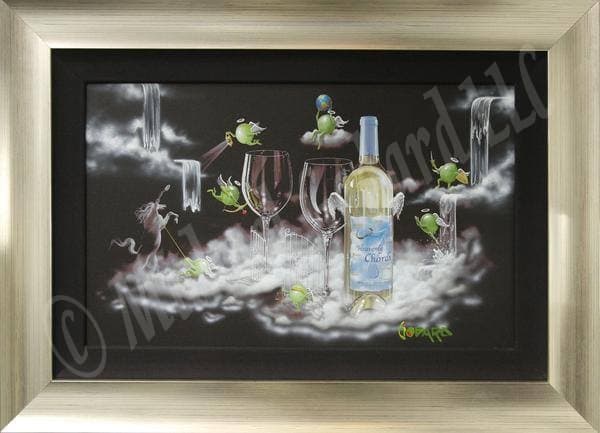 Black background canvas depicting two white wine glasses and a bottle of Seven Heavenly Chards white wine atop fluffy white clouds. Seven angel green olives are hanging out around the heavenly gates. 