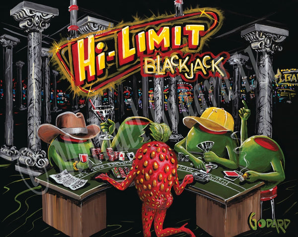 "Hi-Limit Blackjack" is in yellow and red behind four green male olives playing blackjack, while they drink martinis. One, wears a yellow baseball cap and one wears a brown cowboy hat. The sexy strawberry deals the cards and the slot machines peer through the pillars of the casino. 
