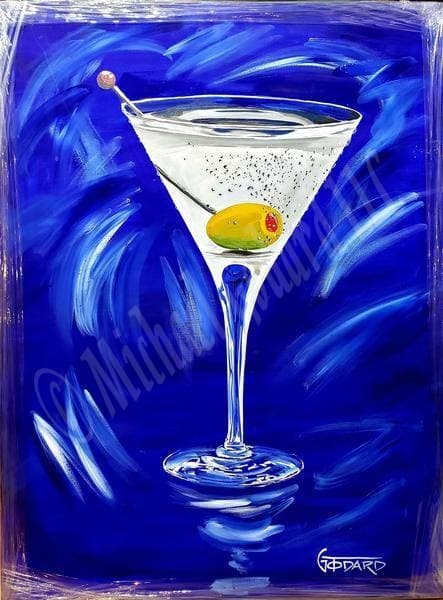 A Michael Godard original painting of a classic martini glass with a green olive resting on the bottom of the glass and a bright blue and wispy white back ground. 
