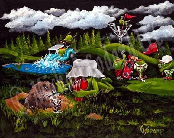 Black background canvas depicting the movie Caddy Shack with a green olive golfer and a gopher in the grass while a blue golf cart crashes into the water with two olives. Three green olive golfers are on the green playing and a female olive holds the red flag as she parties on the rim of a martini glass. While clouds and tall green pine trees line the skyline. 