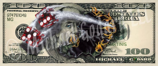 Canvas Print. A very real looking $100 bill featuring American founding father Benjamin Franklin. Two red dice, one showing a five and the other a six. Fire burning through the center of the bill where the dice came through. 