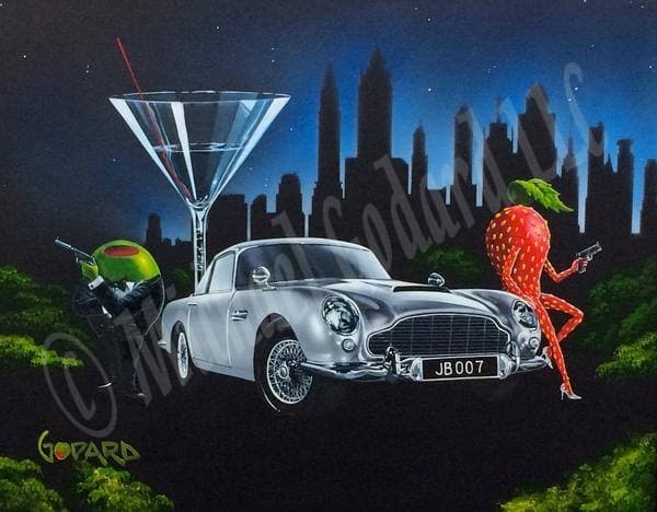 There is a green olive gangster holding a gun and dressed in a black tuxedo standing next to the silver Aston Martin car. A sexy strawberry holding a gun leans on the hood of the car.  A martini glass and the city landscape looms in the back ground with a starry dark blue sky. 