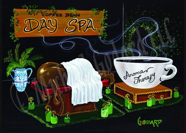 Black background canvas depicting a coffee bean laying on a red massage table with a white towel over his lower half. A "Coffee Bean Day Spa" sign adorns the wall. A cup of "Aroma Therapy" steams in the corner and several green candles burn around the room. 