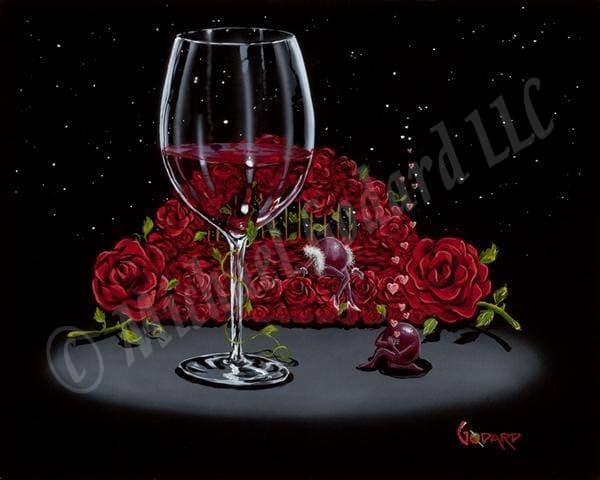 Black background canvas featuring a romantic scene where a purple grape is professing his love in a serenade to his beloved, a sexy lady grape posed on a bed of red roses. His heart-filled serenade floats away into the starry night. A beautiful glass of red wine is centered with a green vine climbing the stem. 
