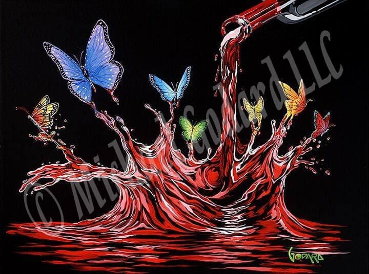 Black background canvas. In this piece, the transformation of red wine into a rainbow of seven beautifully colored butterflies resembles our own metamorphosis as we emerge into the world. 