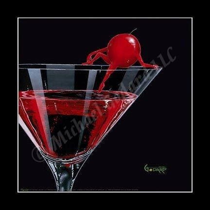 Black background canvas depicting a red cherry sitting on the edge of a martini glass dipping her toes into the cherry martini.