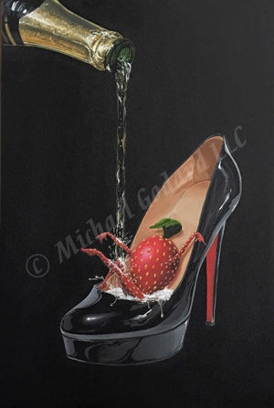 Black background canvas depicting a black Louboutin red bottom shoe with a sexy strawberry sliding down the inside heel while showering in champagne being poured from the bottle.