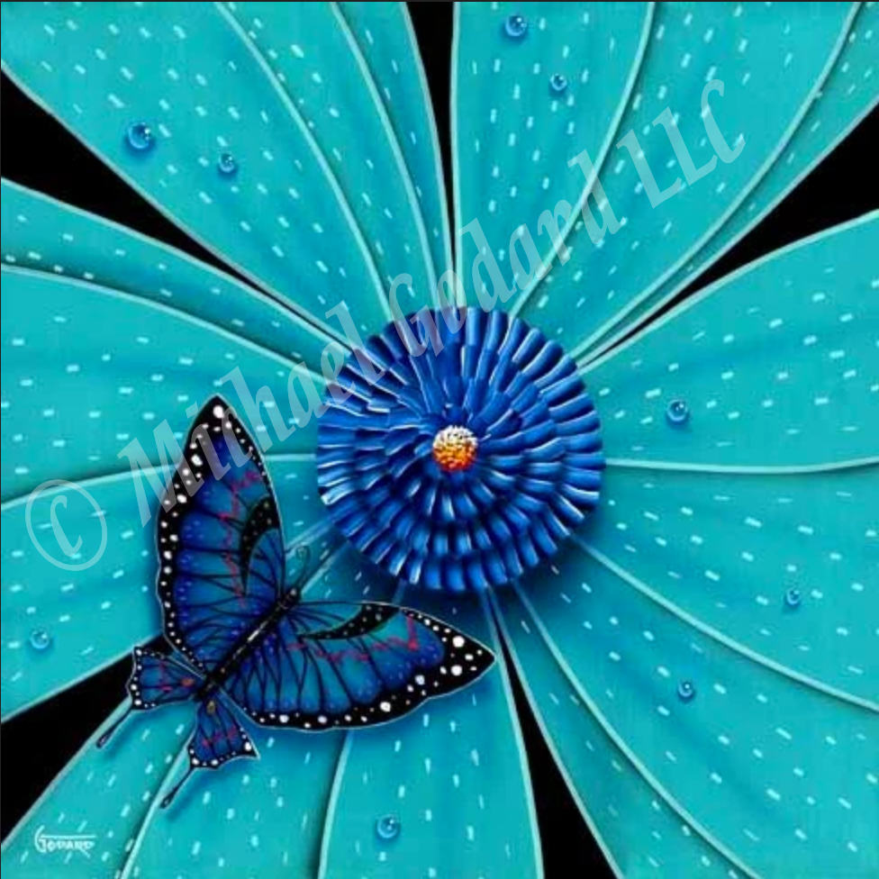Black background canvas with a bright turquoise flower with a blue multicolored center. A cute little blue butterfly hangs out near the center of the flower, bottom left.