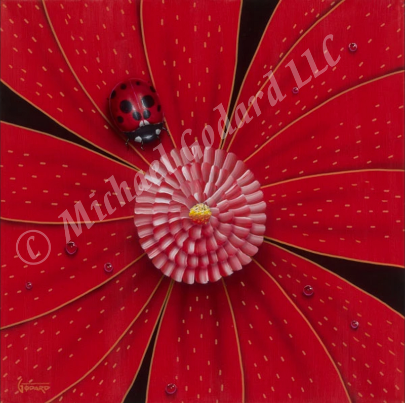 Black background canvas with a red flower with a pink multicolored center. A cute little red ladybug hangs out near the center of the flower, top left.