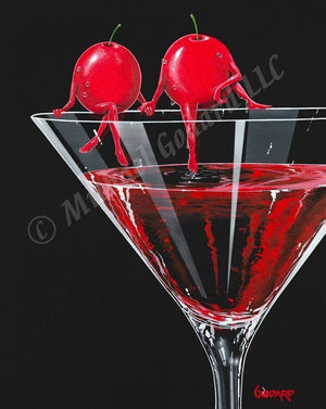 Black background canvas showing two red cherries sitting and holding hands on the edge of a martini glass. He dips his toes into the red martini filling the glass. 