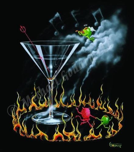 Black background canvas depicting a green olive dancing with the strawberry Devil next to a large martini glass surrounded by a circle of flames. A green olive angel playing a violin floats near the music note clouds. A devil pitchfork sits in the martini glass. 