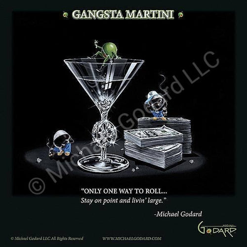 Two "gangsta" black olives stand on stacks of cash while a green olive dips her toes into a martini holding chash in her hand. 
