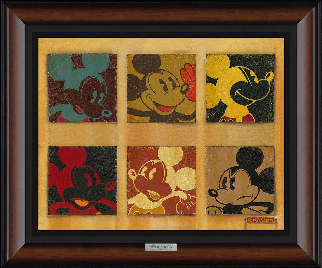 Framed images of Mickey Mouse in six different layouts. 