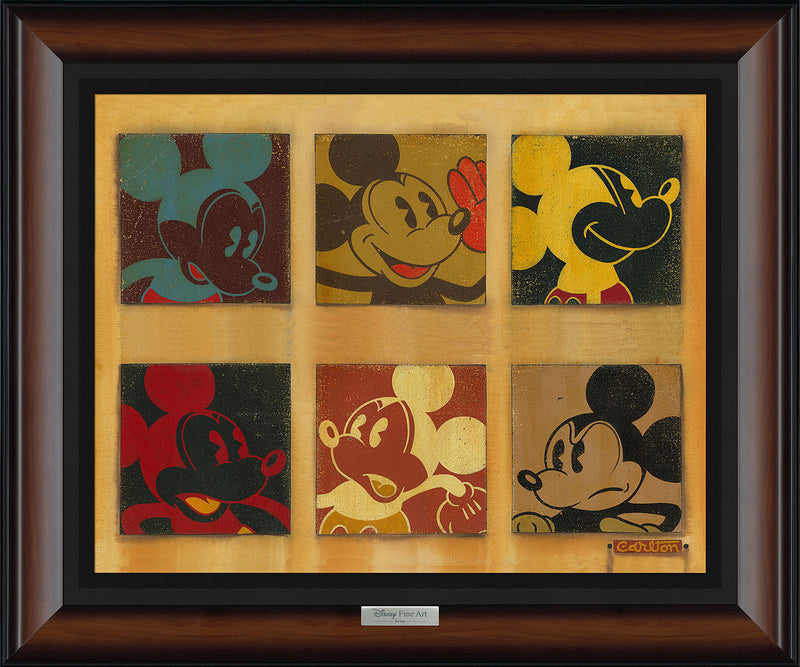 Framed images of Mickey Mouse in six different layouts. 