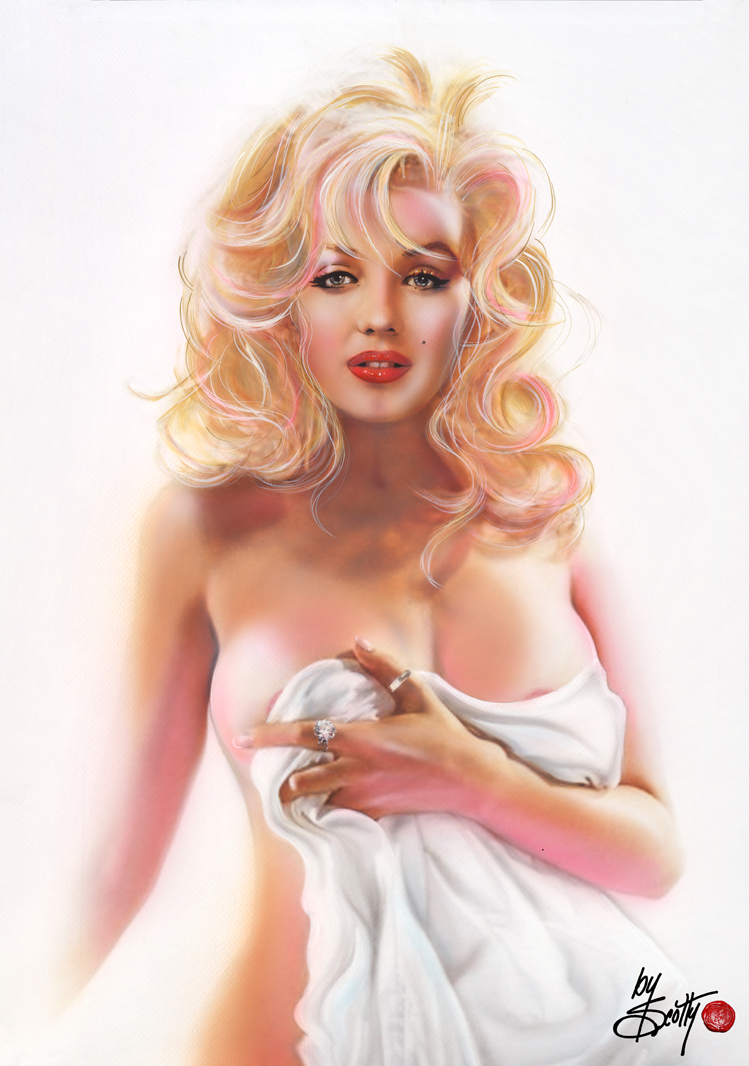 6 Carats - Painting of Marilyn Monroe without clothing, holding a white sheet ink front of her, revealing very small parts of her nipples. Rated Adult. 