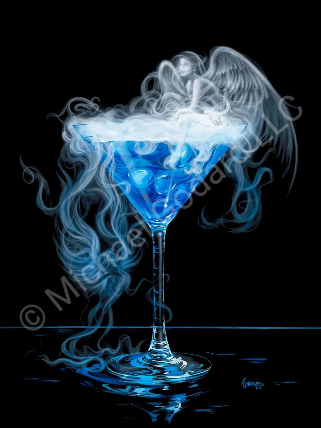 Black background canvas. A martini glass full of beautiful blue with a wispy white angel next to the glass and one on top of the "smoky" martini glass. Very whimsical. 