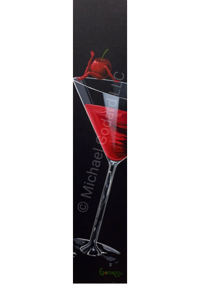 Black background canvas depicting a red cherry sitting on the edge of a martini glass full of a cherry martini.