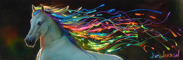Painting by Jim warren of a white horse with rainbow colored main