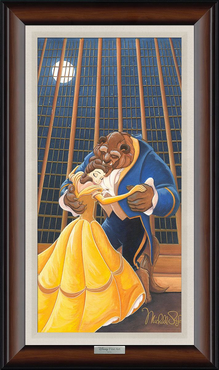 framed canvas of Bell and the Beast dancing under the moonlight behind windows. Bell wearing her famous yellow dress. 