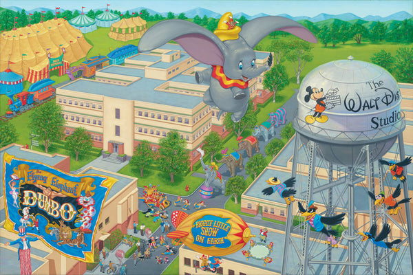 Dumbo flies above the parade at "The Walt Disney Studios".  The circus tents are in the background.