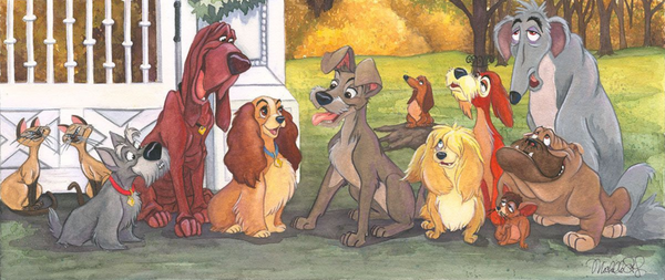 Lady and the Tramp and friends, including seven other dogs and two cats.