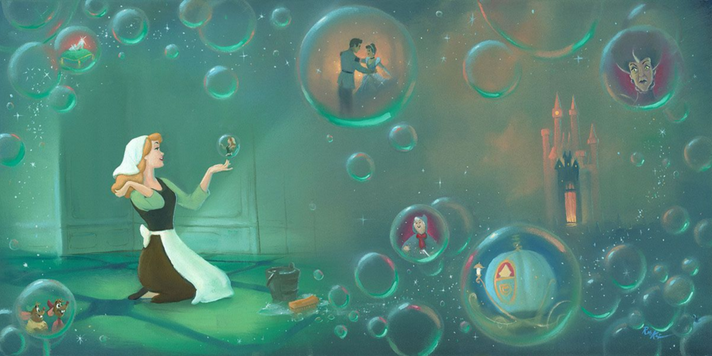 Cinderella on her knees  holding a bubble in one hand. many other bubbled with images of her dancing with her prince, the mice, the wicked witch.